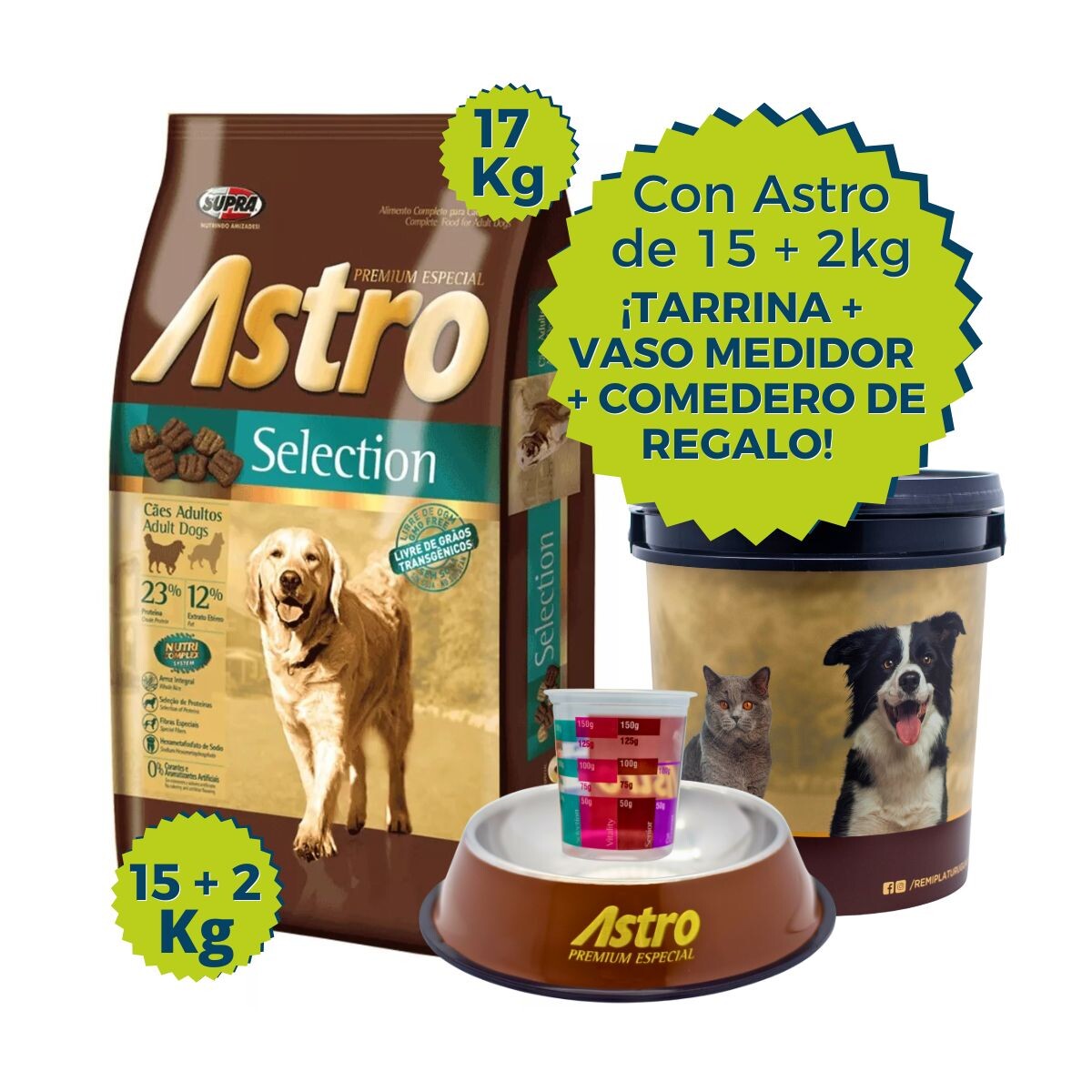 ASTRO PERROS ADULTOS SELECTION 15 + 2KG + TARRINA + COMEDERO + VASO MEDIDOR 