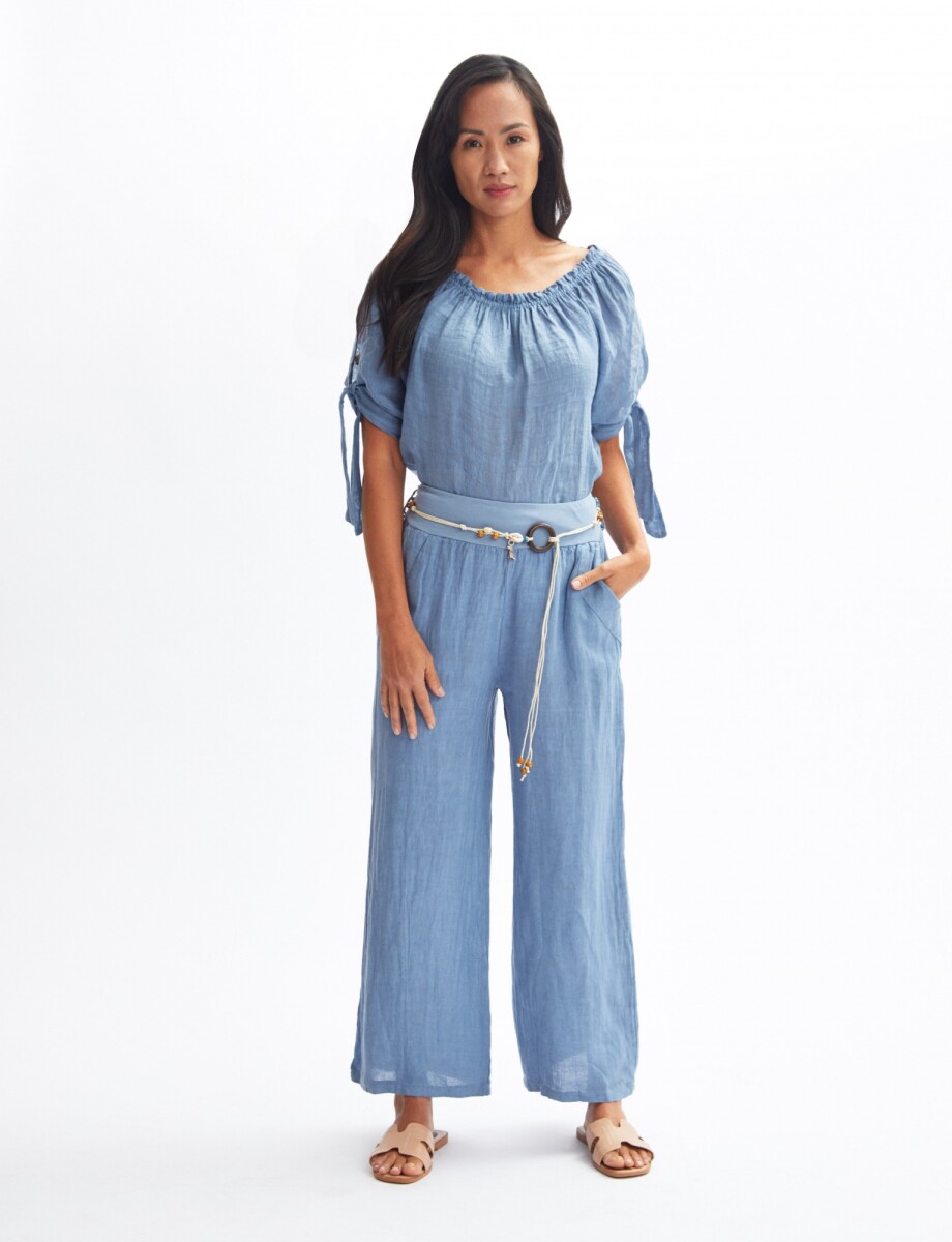 Pantalón de lino con elastico - azul claro 