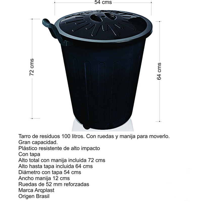 Tarro de Residuos plástico 100 lts con ruedas y Tapa NEGRO
