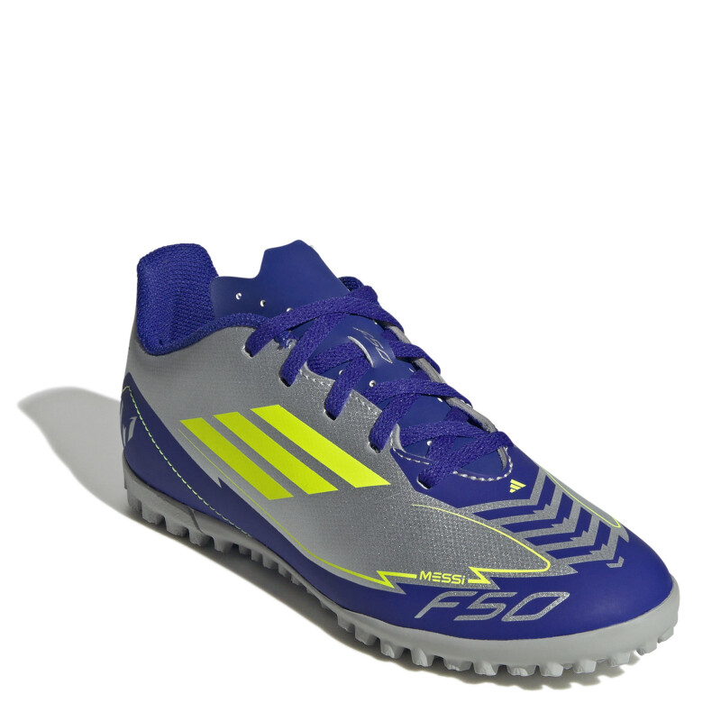 Championes de Niños Adidas Futbol 5 F50 Club TF Messi Plateado - Azul - Amarillo