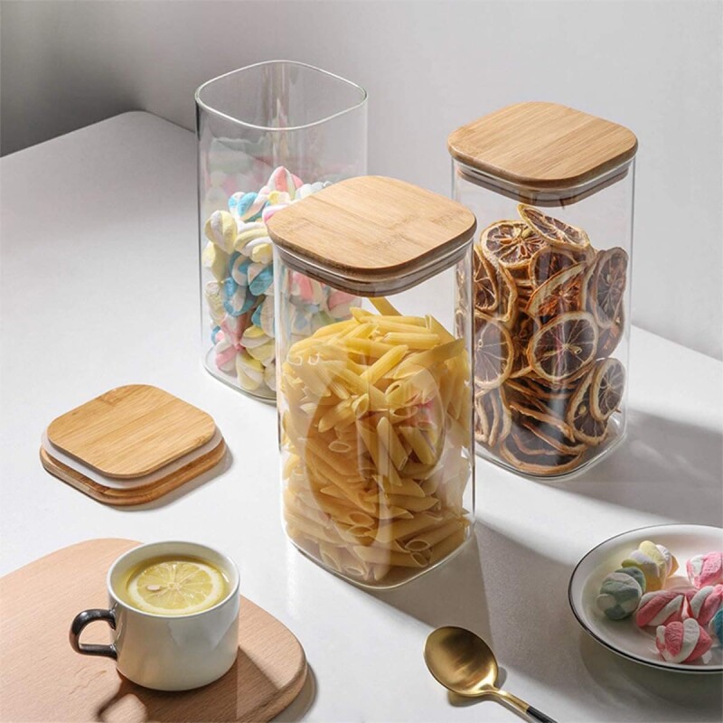 Frasco contenedor de vidrio rectangular tapa madera 1100ml