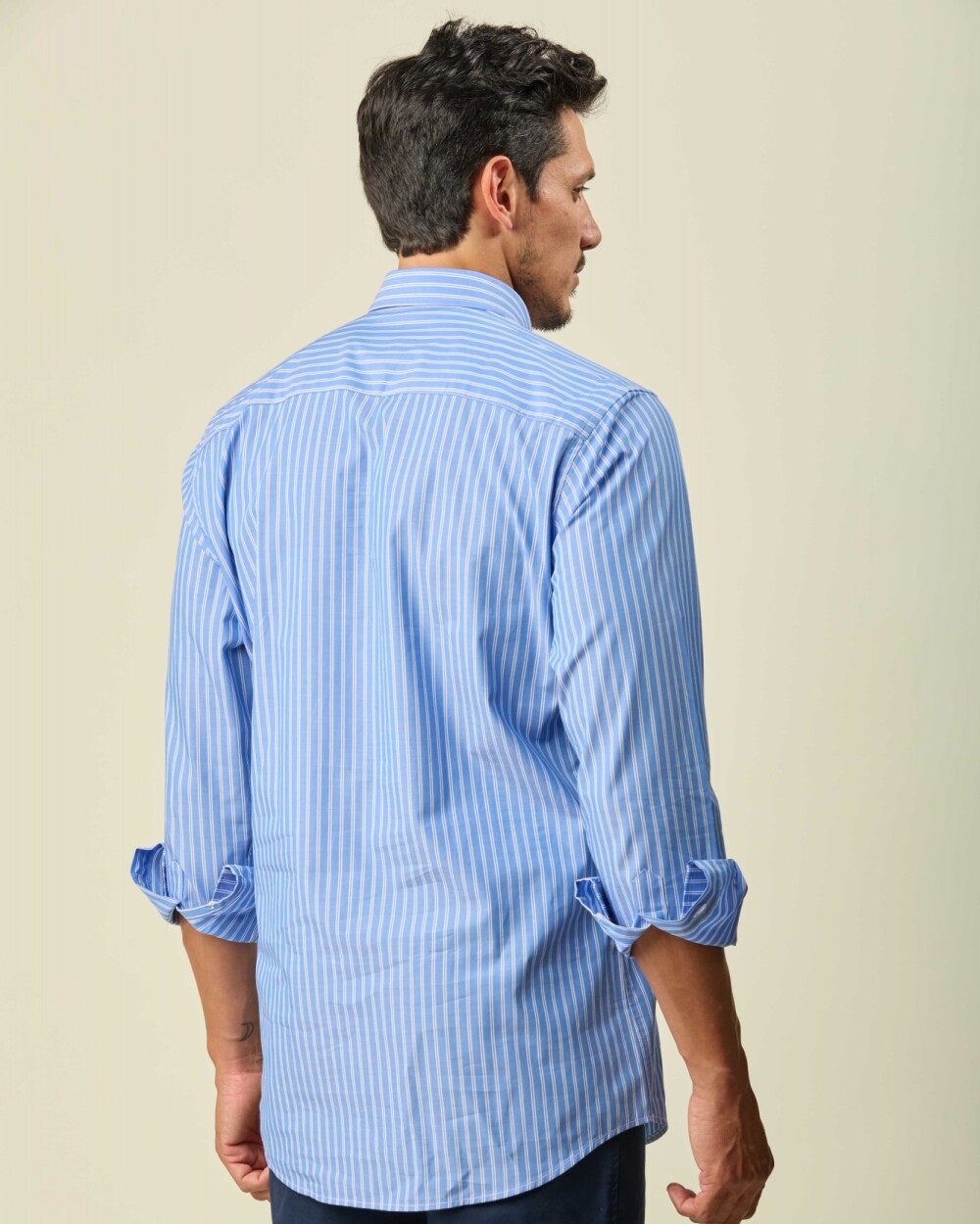 Camisa Sport Algodón Manga Larga Celeste Raya Blanca