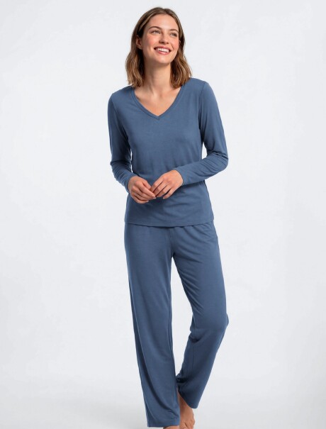 PIJAMA DE ALGODÓN CON PANTALÓN LARGO AZUL