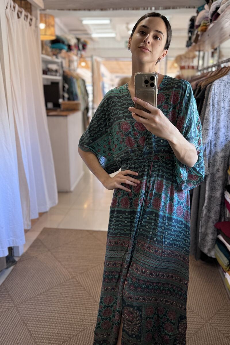 Vestido Manu de seda - Tonos turquesa y bordó 
