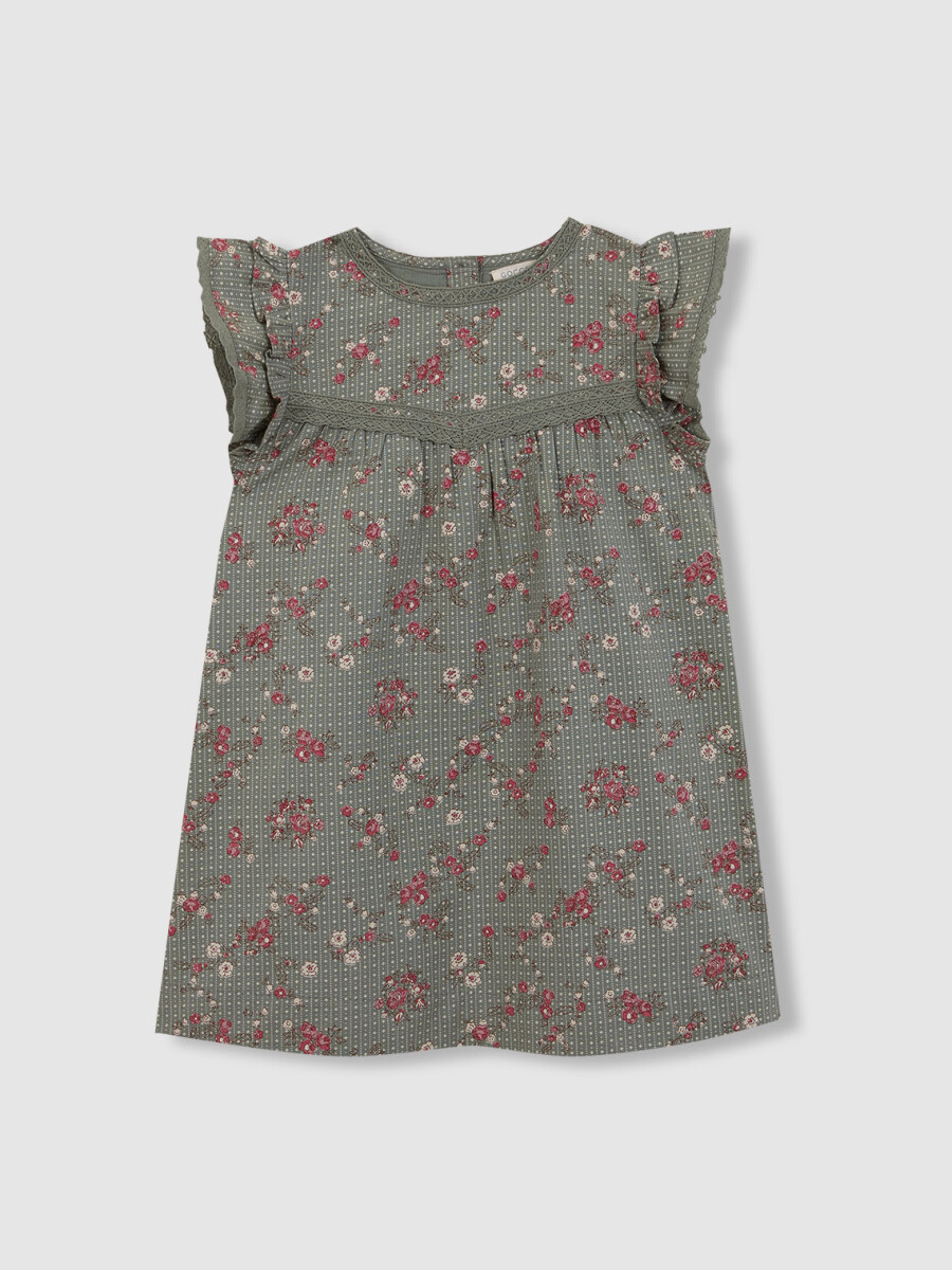 Vestido Estampado De Flores Con Tiras Bordadas Verde