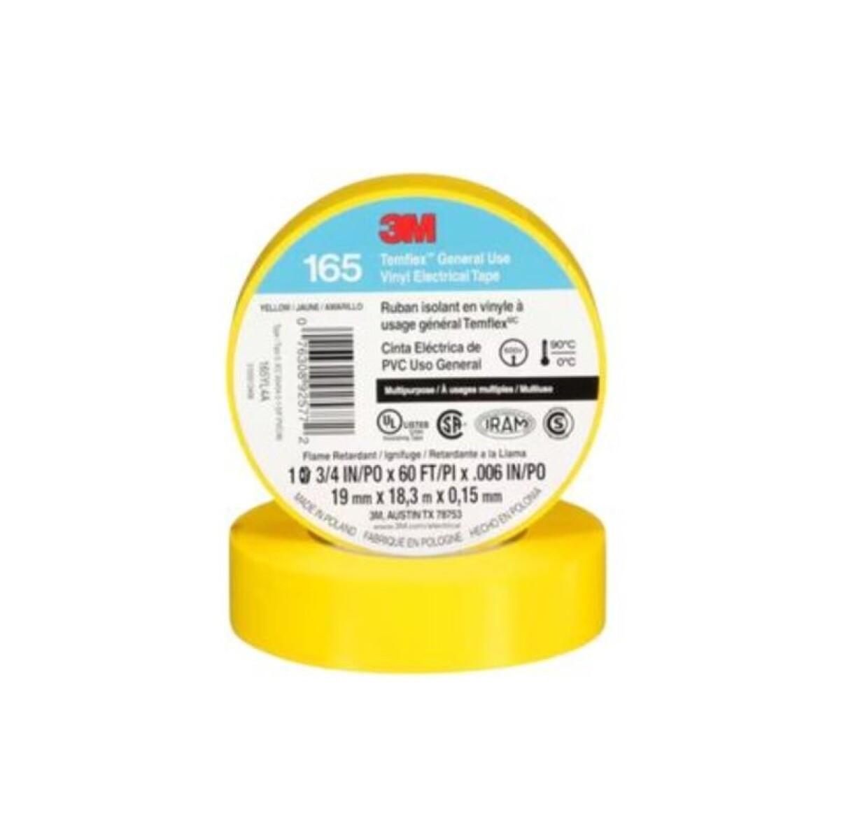 CINTA AISLADORA DE PVC 3M TEMFLEX 165 AMARILLO 19MM X 18 M 