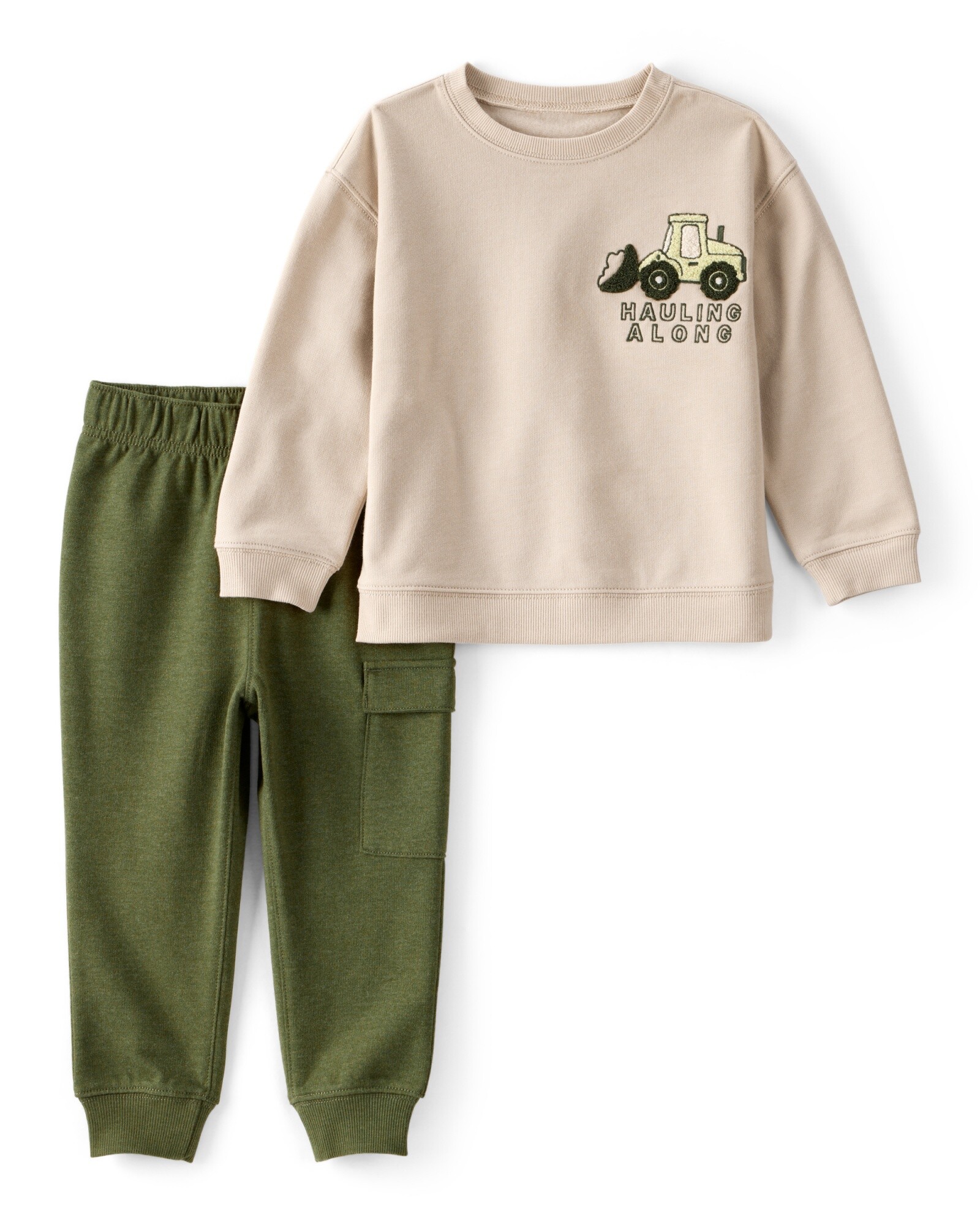Set dos piezas de algodón, pantalón verde y buzo estampa construcción Sin color
