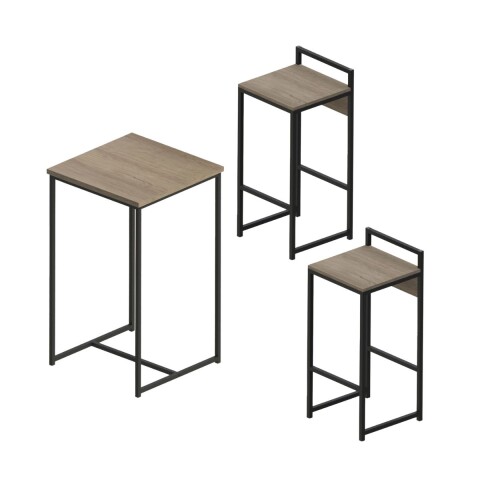 Juego mesa alta + 2 taburetes en madera y hierro Juego mesa alta + 2 taburetes en madera y hierro