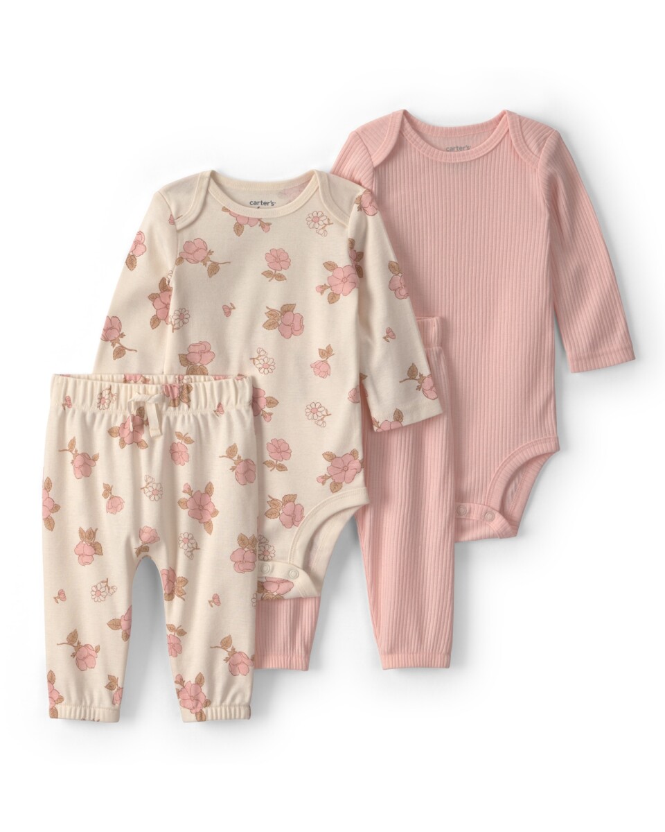 Set cuatro piezas de algodón, dos pantalones y dos bodies manga larga, rosa y crema, diseño floral 