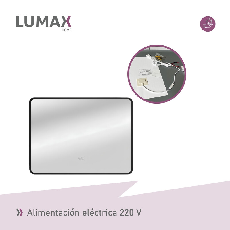 Espejo Horizontal Lumax c/marco desempañador y luz 90x70cm Negro