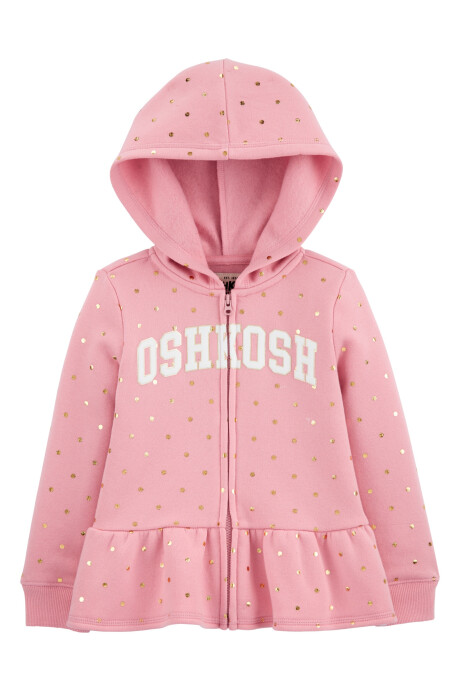 Campera de algodón con felpa con capucha, volado, estampa logo y lunares dorados 0