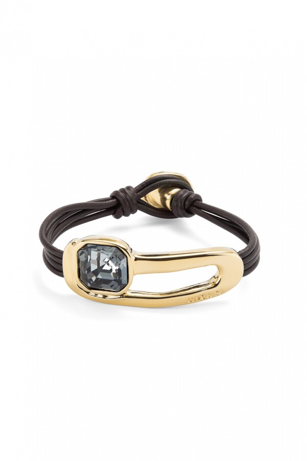 PULSERA DE CUERO BAÑADA EN ORO 18K Y CRISTAL FACETADO NEGRO Pulsera