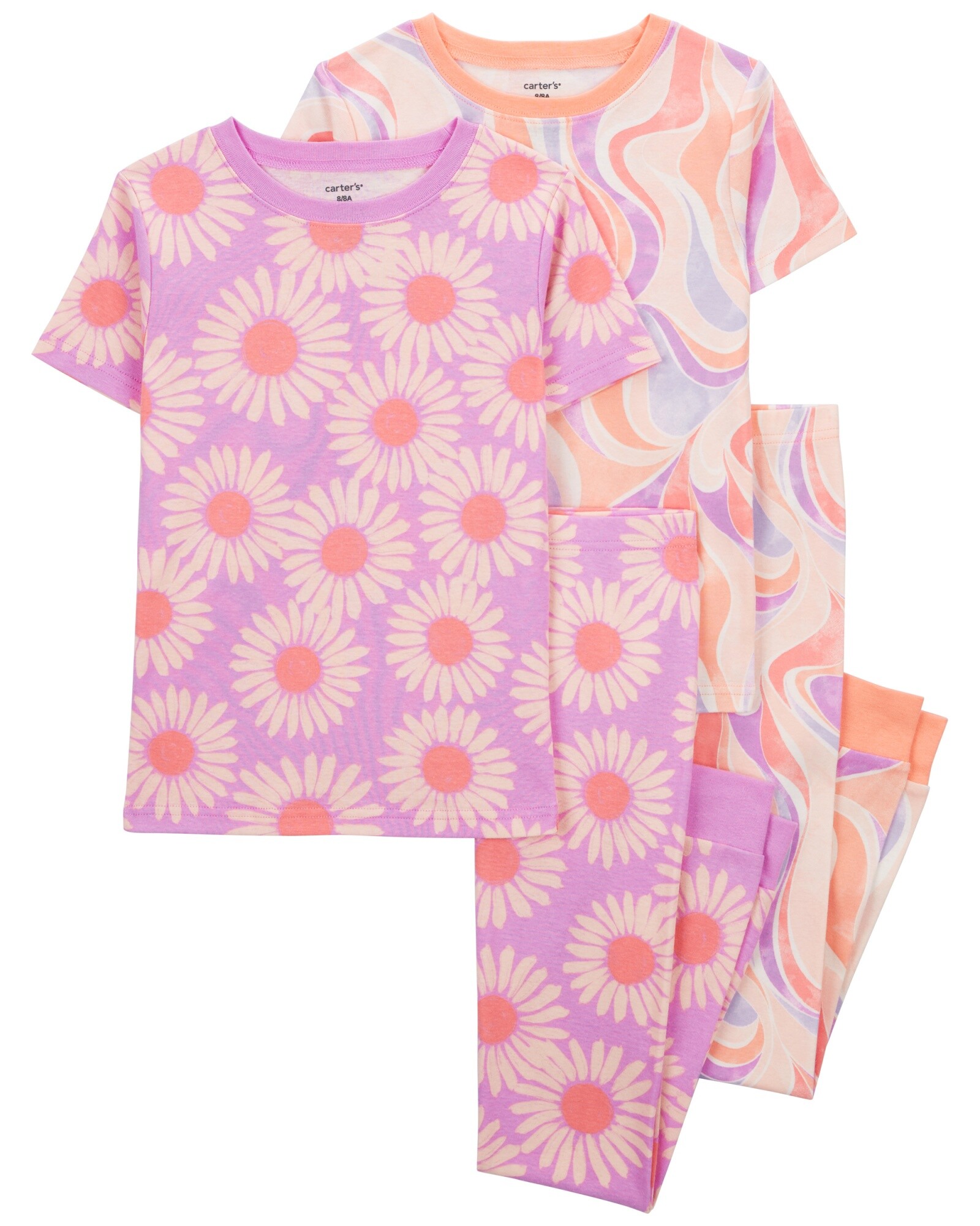 Pijama cuatro piezas de algodón, dos pantalones y dos remeras, diseño margaritas. Talles 6-10 Sin color