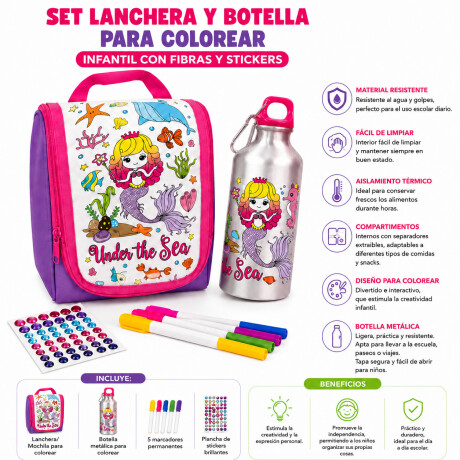 Set Lanchera Y Botella P/Colorear Infantil C/Fibras Stickers Rosa/violeta