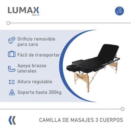 Camilla Portátil 3 Cuerpos Profesional Lumax de Madera 185x60cm Negro