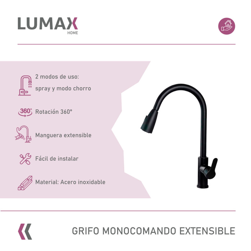 Grifo de cocina gourmet extensible de una sola manija Negro Mate