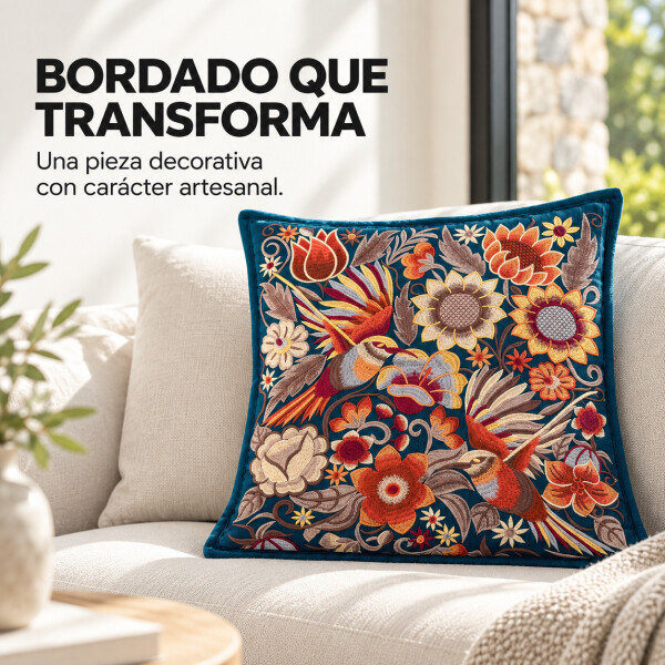 Funda de almohadón ZAL bordada artesanal 50 x 50 cm Turquesa