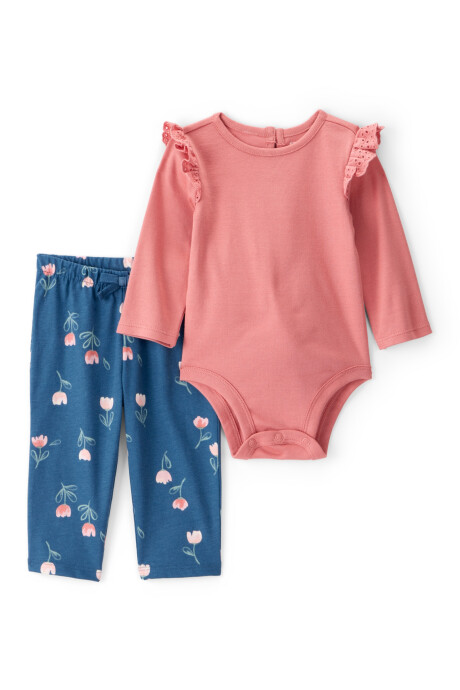 Set dos piezas de algodón, pantalón y body, diseño floral Set dos piezas de algodón, pantalón y body, diseño floral