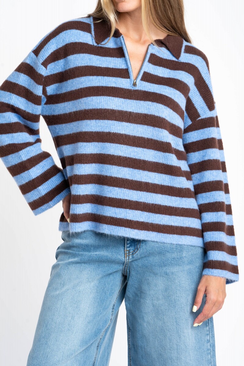 Sweater Polo Medio Cierre Rayado Chocolate