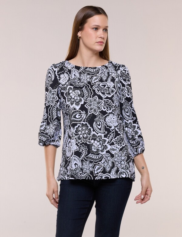 Blusa Manga Abullonada Estampado Floral Arabesco NEGRO/BLANCO