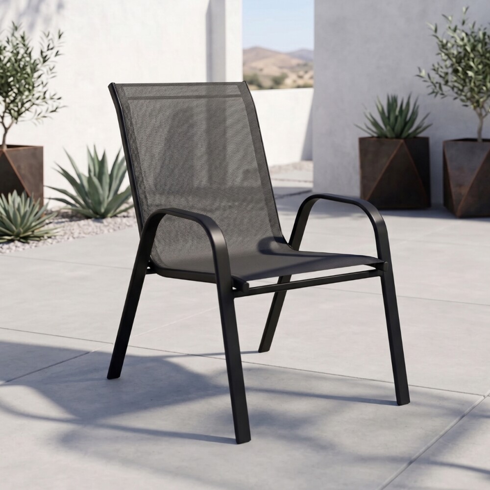 Set De Jardín Mesa De Vidrio + 2 Sillas Textilina y Acero Negro