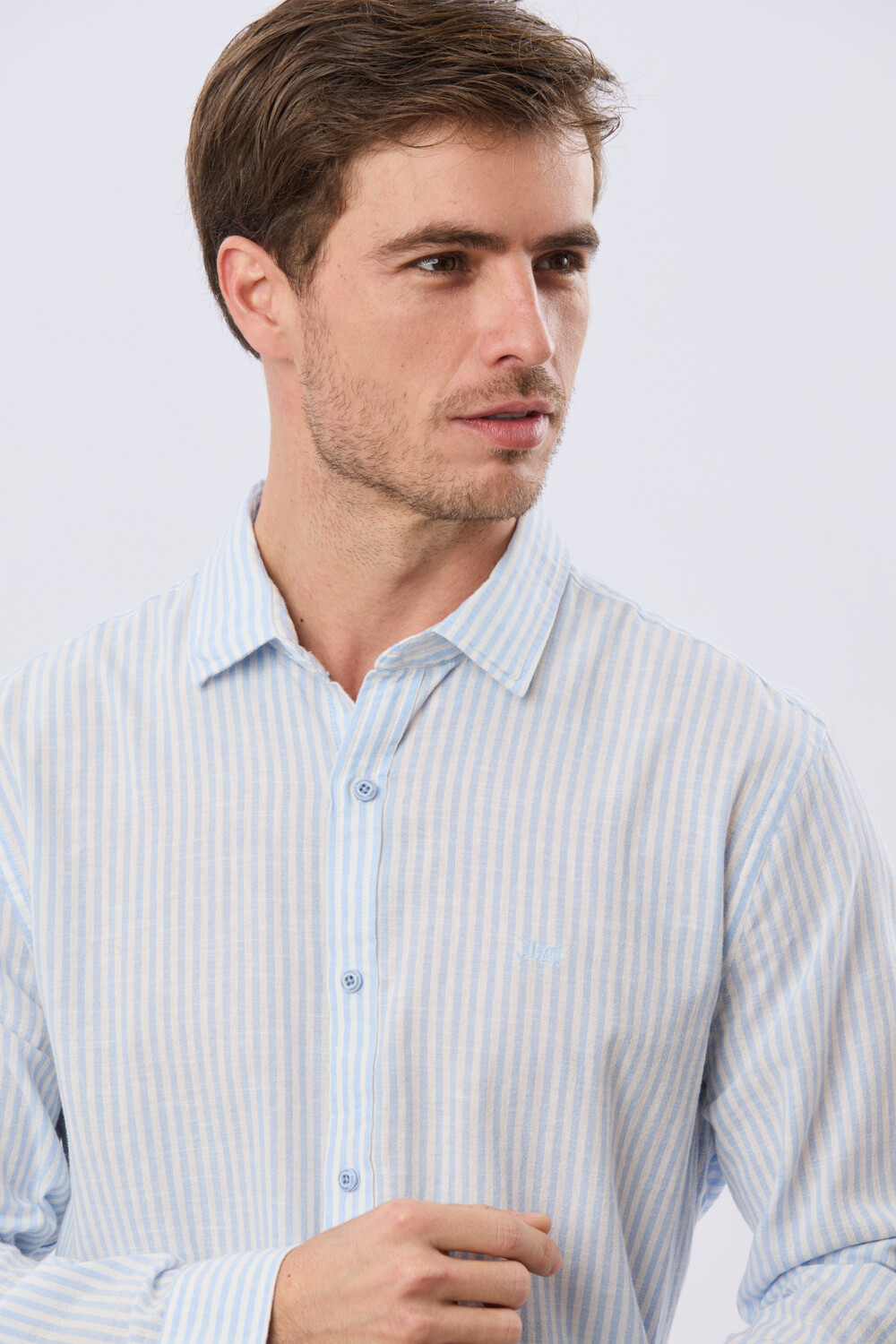 CAMISA RAYADA DE LINO Celeste