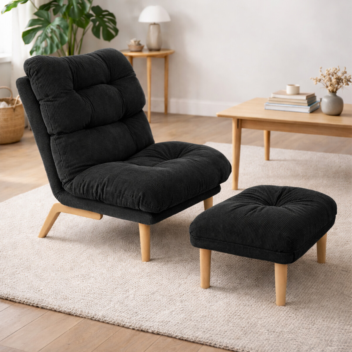 Poltrona Reclinable Con Puff Apoyapies Tapizado - Negro 