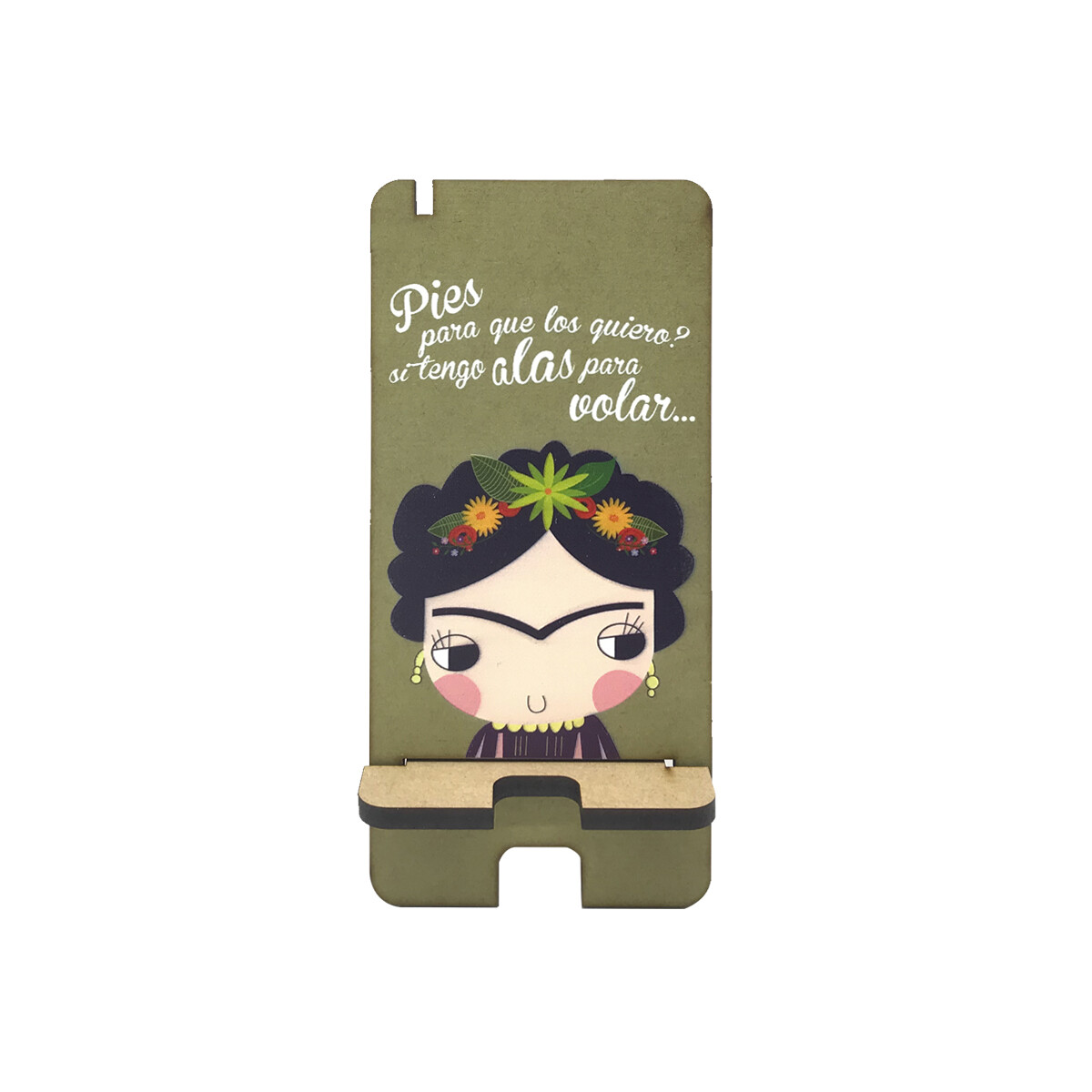 Soporte de madera para celular con diseño Frida animada 