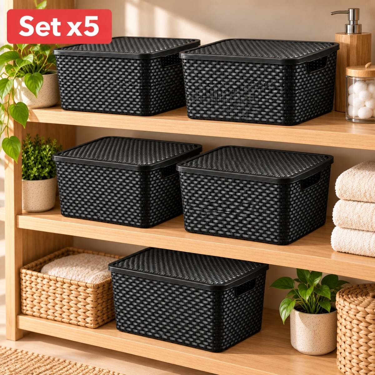 Set x5 Caja ratán 7 lts - NEGRO 
