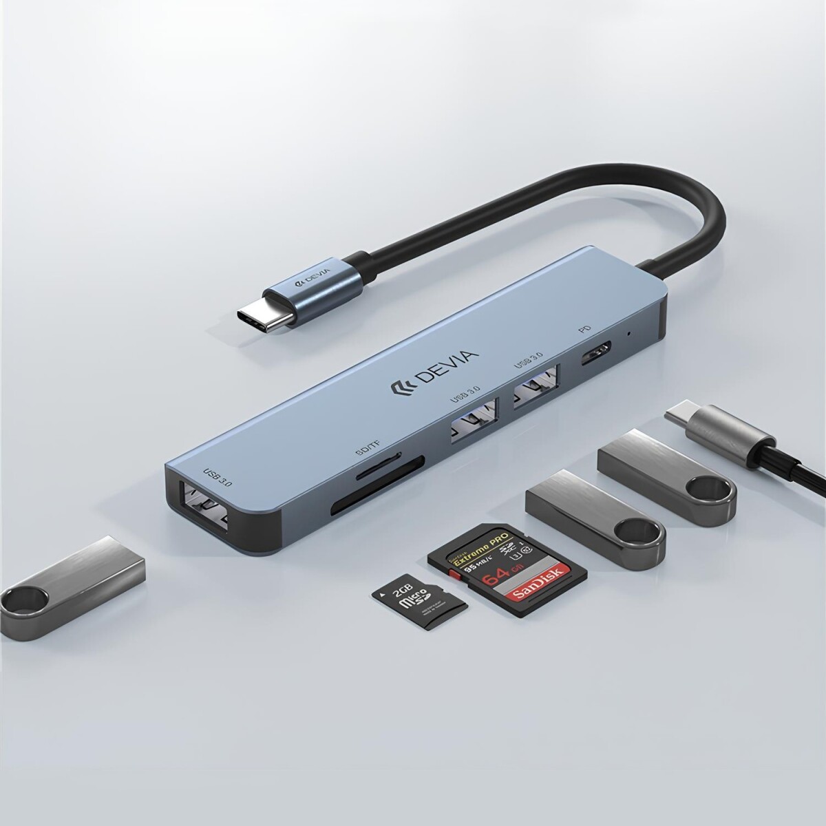 ADAPTADOR HUB 5 EN 1 USB-C A USB 3.0*3 + PD + LECTOR SD DEVIA LEOPARD (updated) Grey