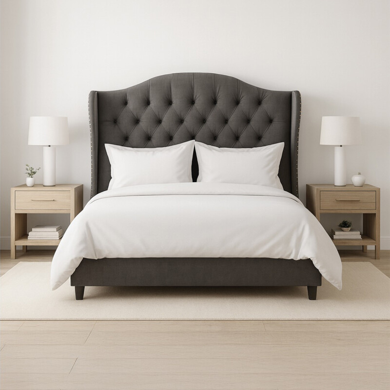 RESPALDO CURVO QUEEN 1.70 X 1.55 COL GRIS CON AVANCE CAPITONEADO Respaldo Curvo Queen 1.70 X 1.55 Col Gris Con Avance Capitoneado