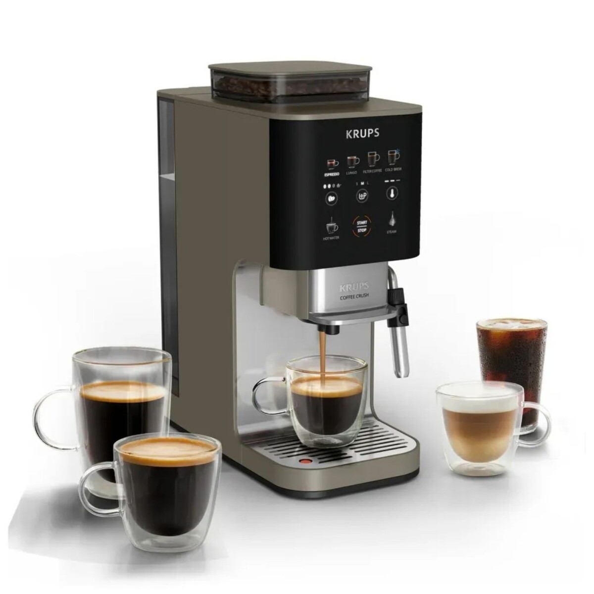 Cafetera Krups Coffee Crush Experience | Molinillo y Espumador de Leche 
