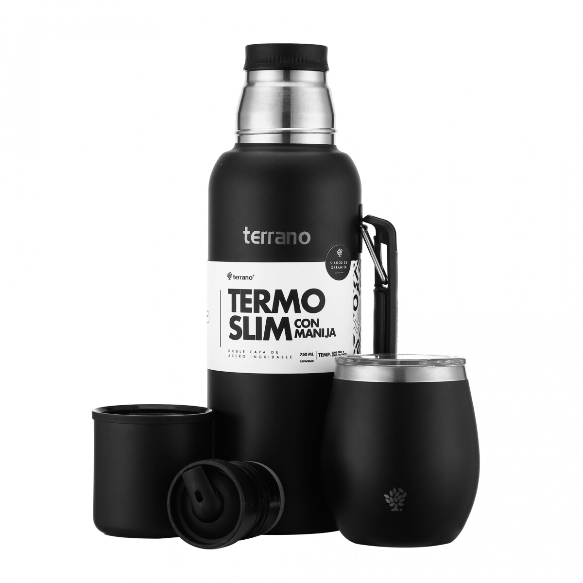 Kit Termo Slim 750ml. c/manija + Mate Con Tapa - Negro 