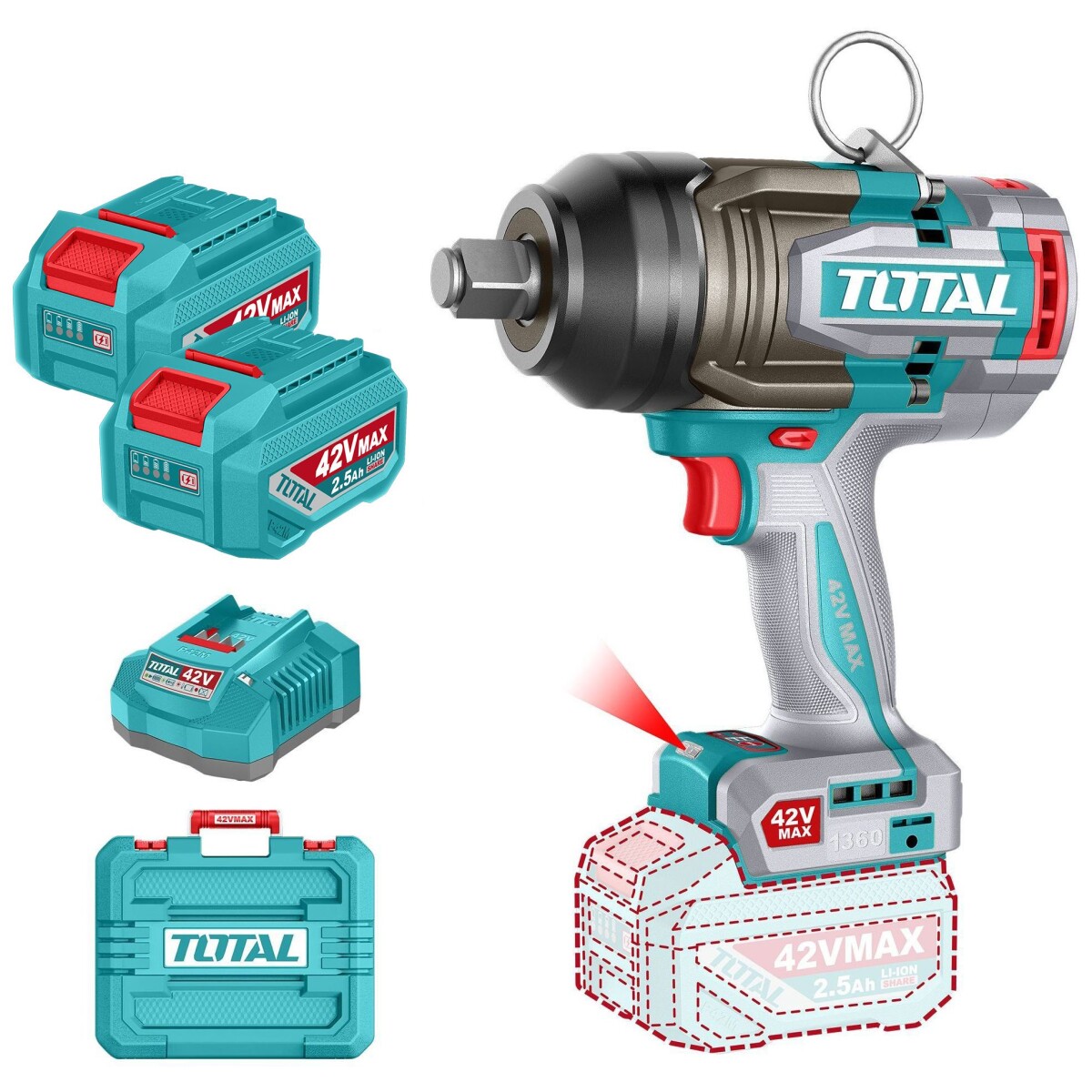 Llave De Impacto Inalámbrica 42v 3/4" 1360Nm - 2 Baterías 2.5Ah, Cargador Y Maletín - Sin Carbones 