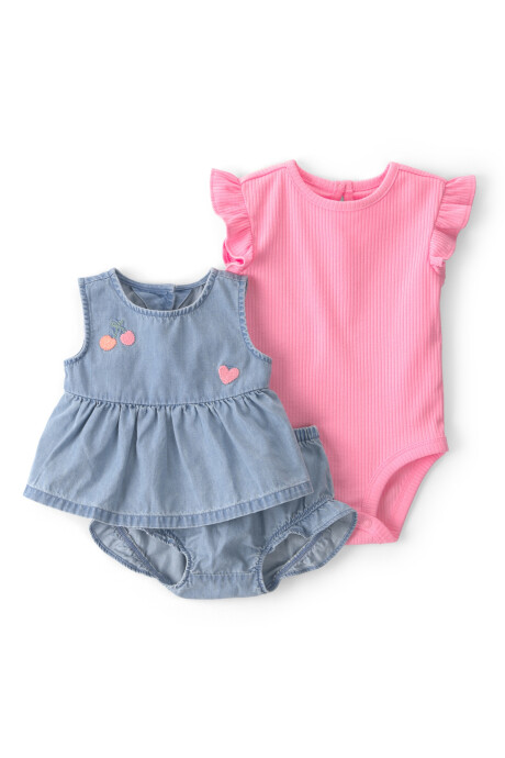 Set tres piezas, short y musculosa de chambray más body de algodón rosado Sin color