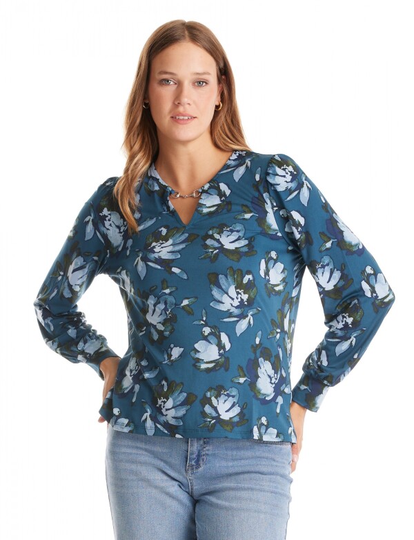Blusa Print & Escote Aplique PETROLEO