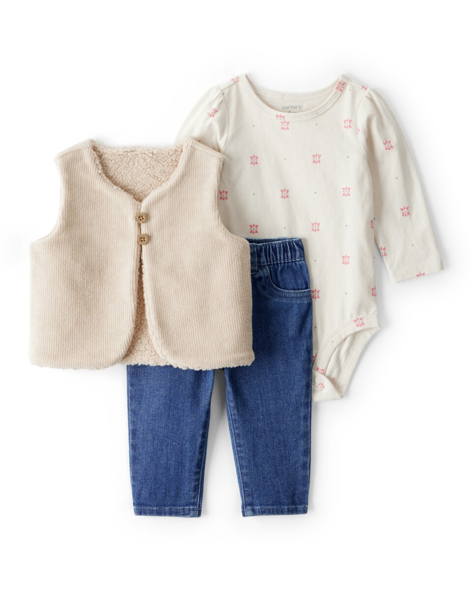 Set tres piezas, chaleco con forro sherpa, pantalón jean y body de algodón 