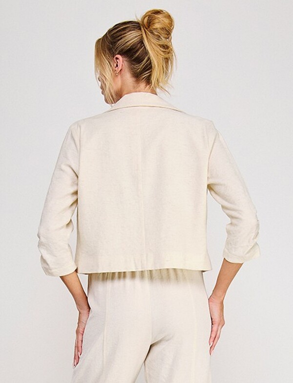 Blazer Crop De Lino Abierto Con Manga Fruncida BEIGE CLARO