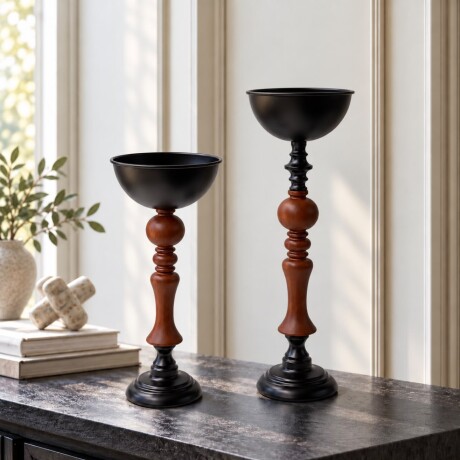 Juego de 2 Candelabros de Madera y Metal Negro Juego de 2 Candelabros de Madera y Metal Negro
