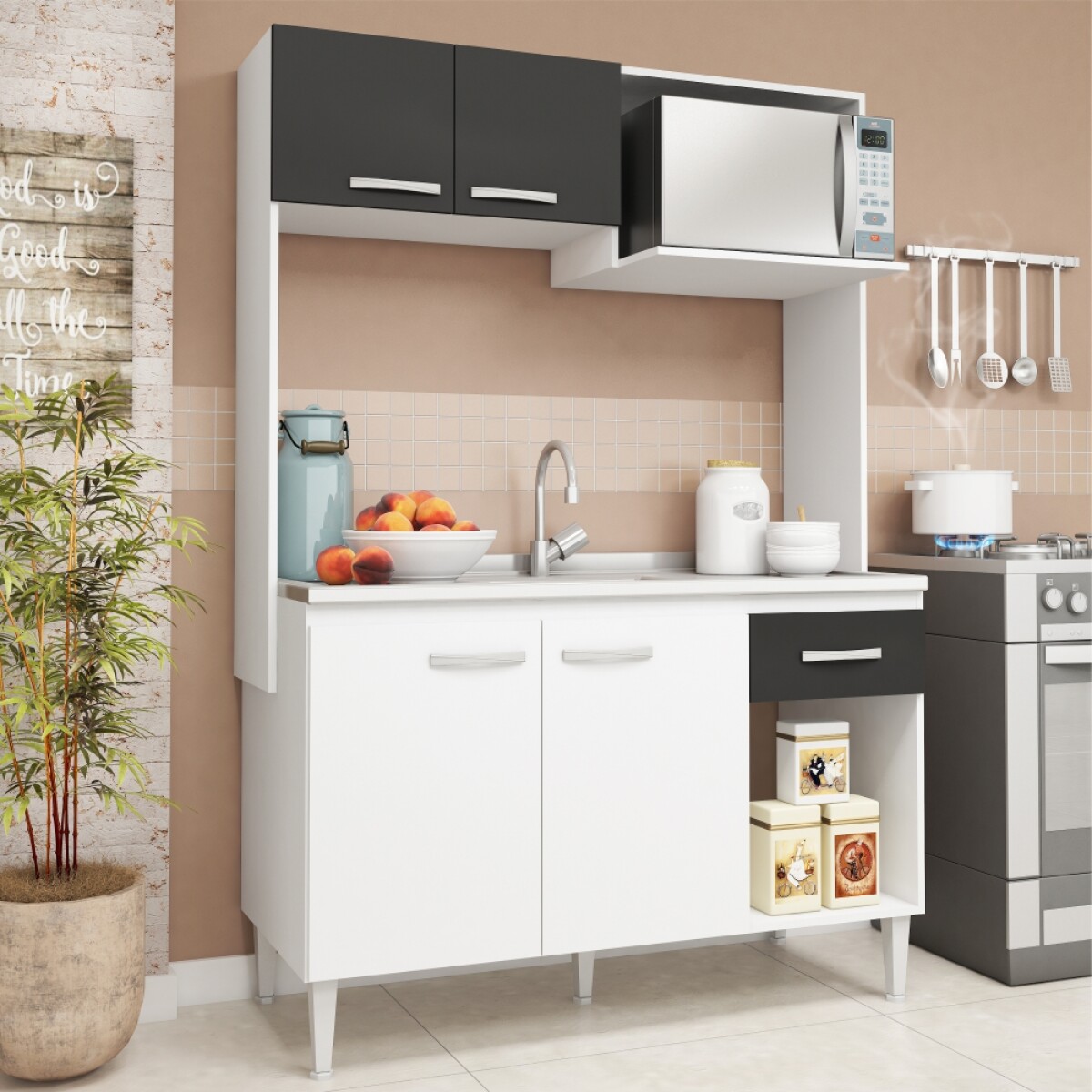 Kit de cocina compacta 4 puertas 1 cajón Patas Ajustables y Rieles Metálicos 122 x 52 x 187cm - Blanco / Grafito 