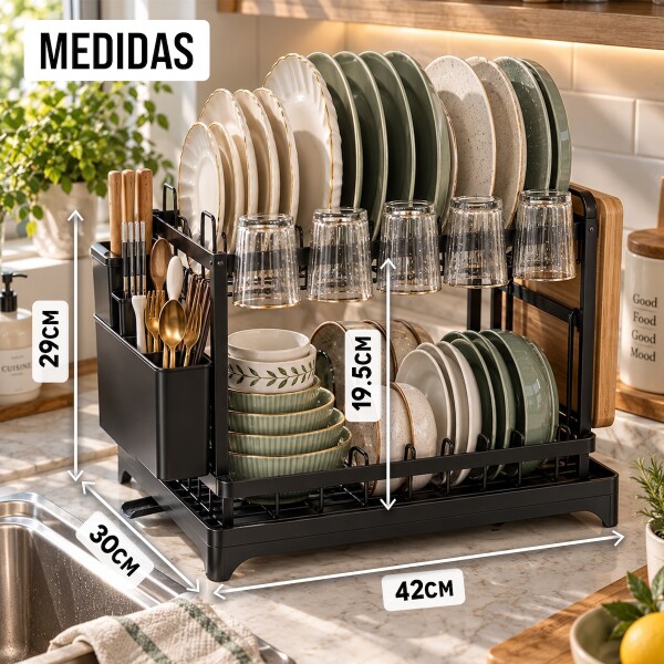 Escurridor Seca Platos Vajilla 2 Niveles Con Bandeja Drenaje Agua Cocina Imback Color Negro Escurridor Seca Platos Vajilla 2 Niveles Con Bandeja Drenaje Agua Cocina Imback Color Negro