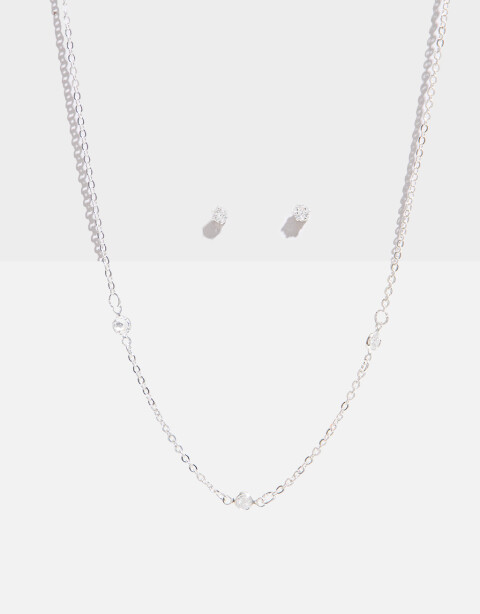 Bijouterie Set Strass Set De Collar Y Aros Pasantes - Plateado Rodio