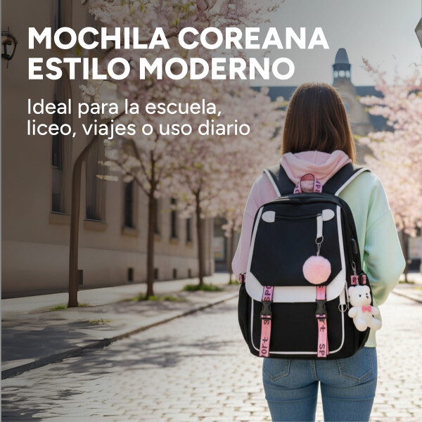 Pack x3 Mochila Kawaii Impermeable Usb Multuso Resistente Variante Color Negro