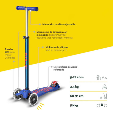 Monopatín Micro Maxi Deluxe LED Ajustable con 3 Ruedas Azul