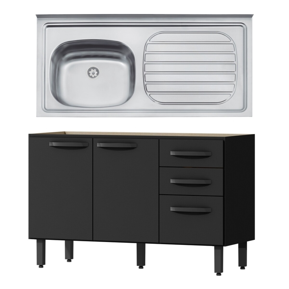 Bajo Mesada 3 Puertas y 2 Cajones con Pileta Izquierda Tramontina Acero Inox - Negro 