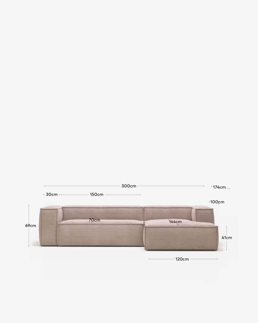 Sofá Blok 3 plazas chaise longue derecho pana gruesa rosa 300 cm