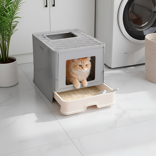 Baño Cerrado Sanitario De Gato Con Bandeja Extraíble Y Pala Color Gris