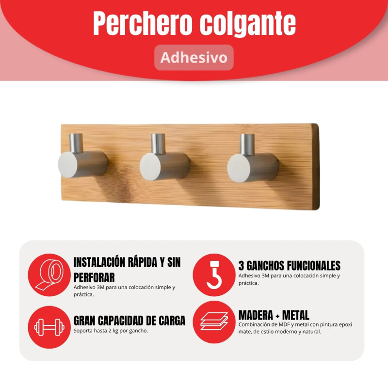 Perchero De Pared Colgante Adhesivo 3 Ganchos Madera Y Metal MADERA