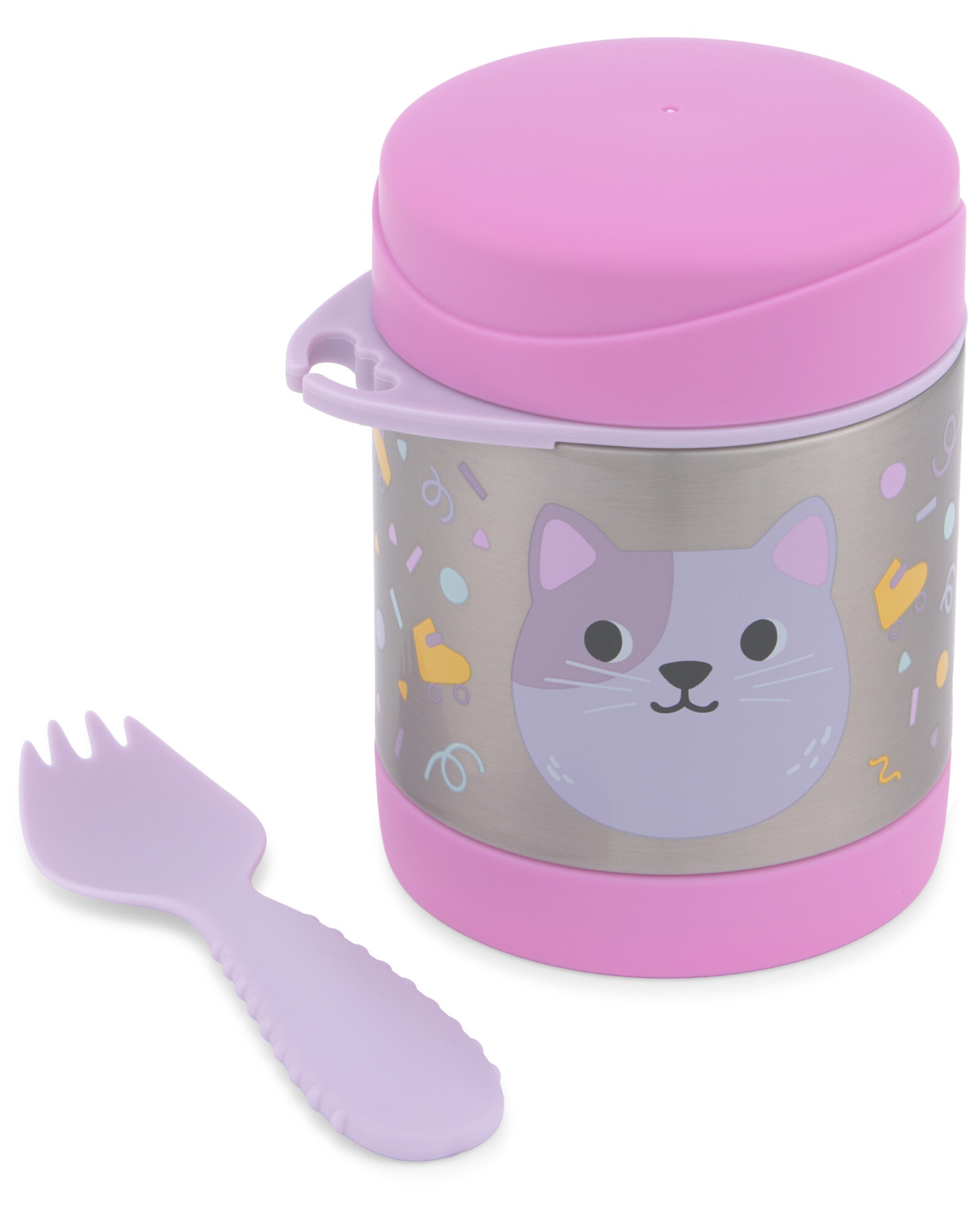 Tupper de acero inoxidable con cubierto, diseño gato Tupper de acero inoxidable con cubierto, diseño gato