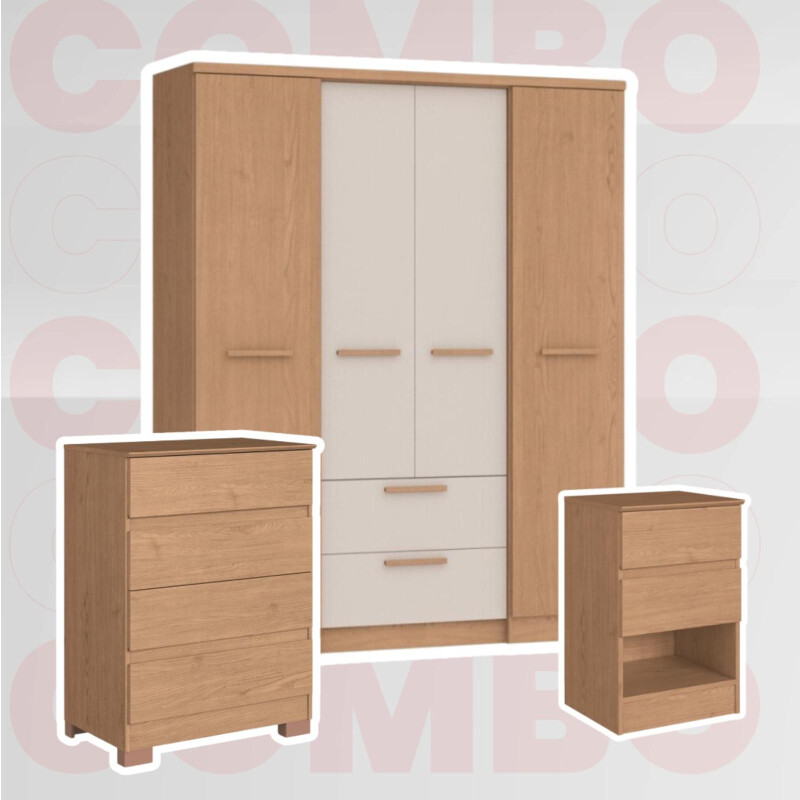 Combo ASPEN 1 MESA DE LUZ, 1 CAJONERA 4 cajones y ROPERO 4 puerta Combo ASPEN 1 MESA DE LUZ, 1 CAJONERA 4 cajones y ROPERO 4 puerta